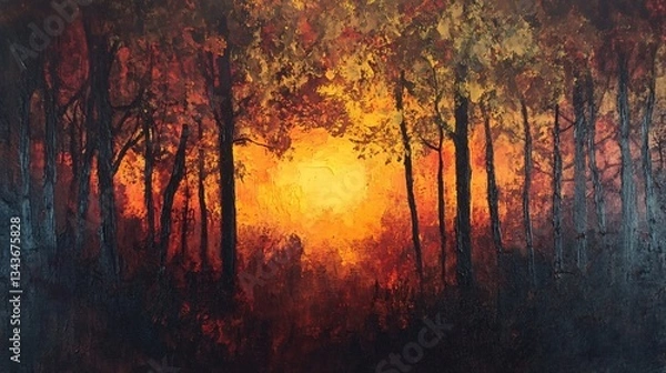 Fototapeta Serene Autumn Sunset in Enchanting Dark Woods