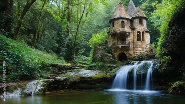 Fototapeta Enchanting Elven Castle by Waterfall in Magical Forest