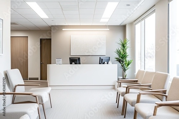 Fototapeta Modern, minimalist waiting area in a medical office.  A clean and bright space with a reception desk and comfortable seating