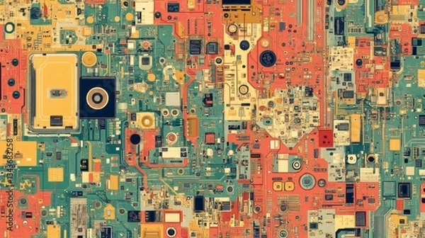 Fototapeta Abstract image of multicolored circuit boards, featuring intricate patterns of electronic components. The image is composed of various shades of red, yellow, green, and blue.