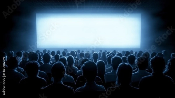 Fototapeta A large audience watches a bright, blank screen in a dark movie theater. The focus is on the backs of the heads of the seated viewers.
