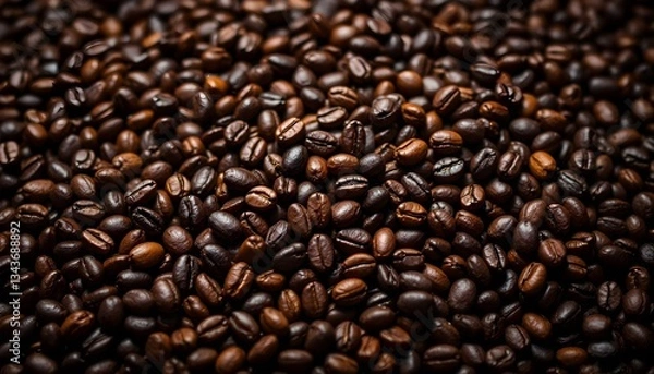 Obraz A high-angle, close-up shot showcases a dense collection of cocoa beans, filling the frame with their rich, dark brown tones