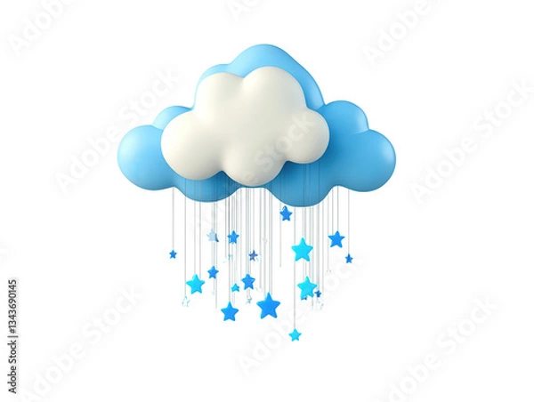 Fototapeta A cartoon cloud with blue and white layers and hanging stars on Isolated on white transparent background