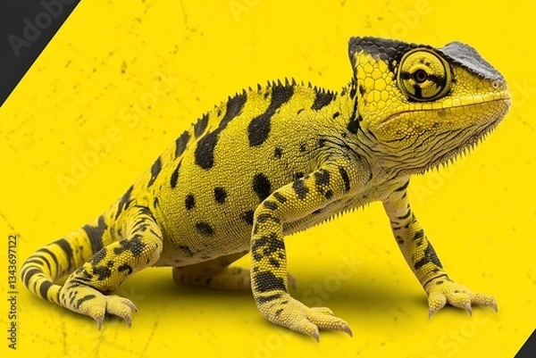 Fototapeta A yellow and black chameleon with unique skin patterns stands