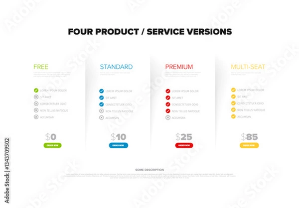 Fototapeta A modern pricing table showcasing four product or service options: Free, Standard, Premium, and Multi-Seat plans. Each plan includes features and pricing details for easy comparison.