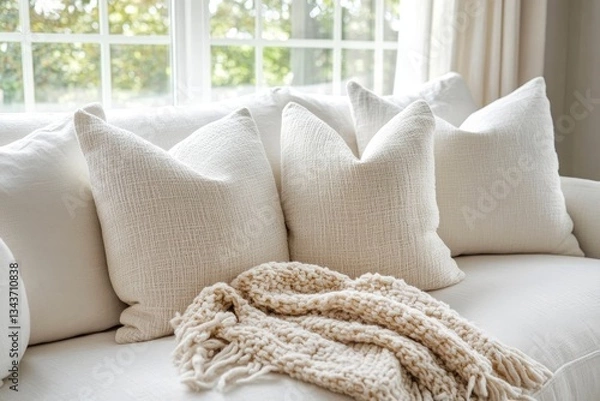 Fototapeta cozy living room with plush pillows and soft blanket. The pillows are arranged on a comfy sofa, with a window in the background