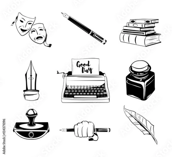 Obraz Writer design elements. isolated objects. vintage pen. ink, books vector