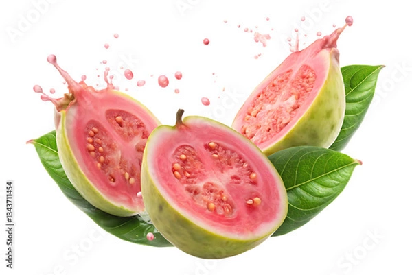 Fototapeta Pink guava fruit with juice splash on transparent background 