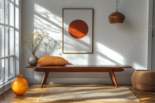 Fototapeta a cozy and well-lit interior features a wooden bench, art, and home decor. The sunlight creates a warm atmosphere