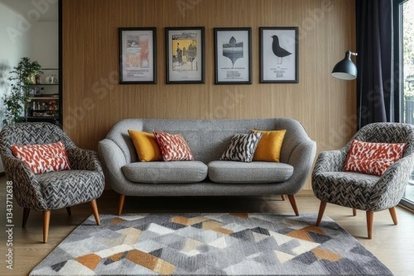 Fototapeta a modern and cozy living room with stylish furniture and decor, creating a comfortable and inviting space. The room features a sofa, armchairs, a rug, wall art, and a floor lamp.