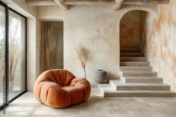 Fototapeta an inviting interior scene with a stylish orange armchair, staircase, and a decorative dried plant in a bright, spacious room