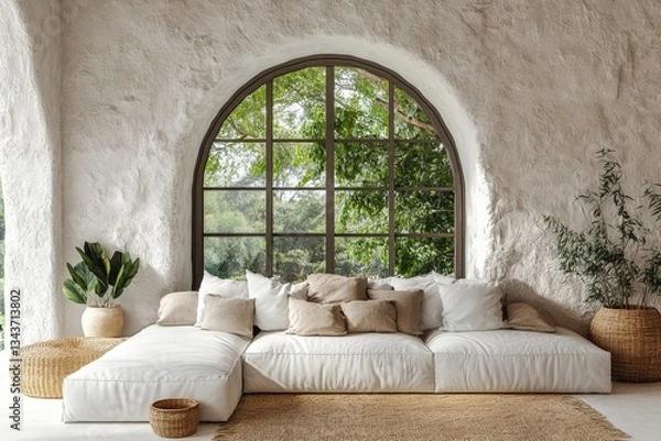 Fototapeta a stylish living room interior, featuring a comfortable sectional sofa in front of a large arched window with greenery view