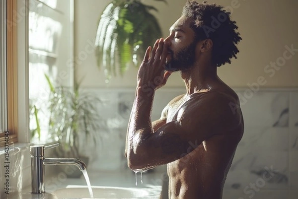 Fototapeta a man is washing his face with water at a sink, morning routine. The image captures the man's routine and the natural light bathing the scene