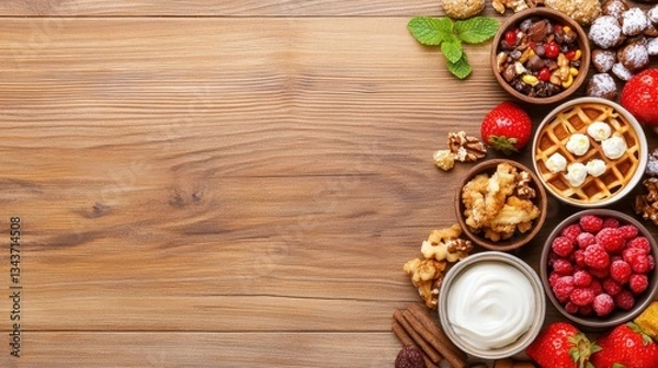 Fototapeta A Colorful Culinary Collage: A vibrant and delicious assortment of fresh fruits, crunchy nuts, and creamy yogurt artfully arranged on a rustic wooden surface.