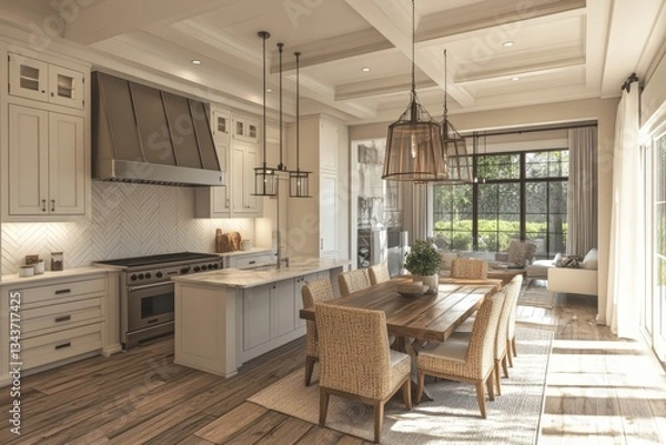Fototapeta a bright, spacious modern kitchen with elegant design, dining area and large windows overlooking the garden