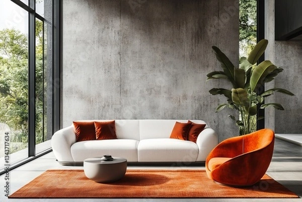 Fototapeta a modern living room with stylish furniture, large windows, and a plant, creating a contemporary ambiance