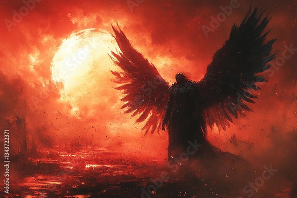 Fototapeta Demonic figure with wings surrounded by fiery red inferno showcasing a powerful dark and ominous atmosphere