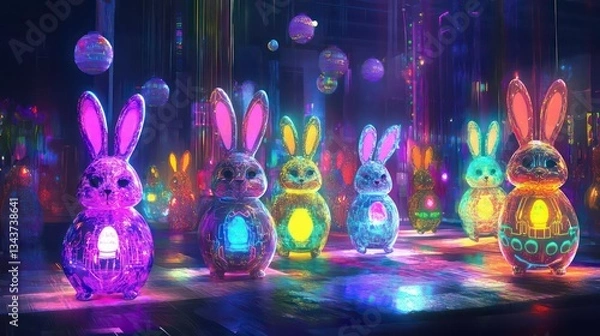 Fototapeta Glowing glass rabbits in vibrant neon light setting.