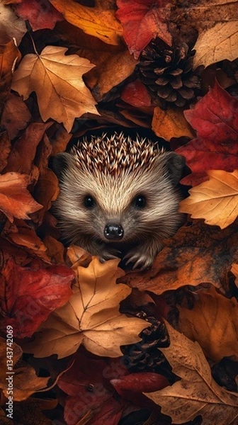 Fototapeta A cute hedgehog peeks through colorful autumn leaves, showcasing a cozy fall scene filled with warmth and nature's beauty.