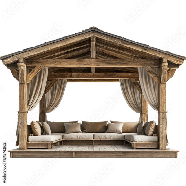 Fototapeta the front view of a rustic open air lounge cabana a person might find at a high end ski resort. PNG