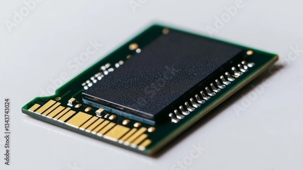 Fototapeta Close-up of Green PCB with Black Memory Chip, High-Resolution Image, Electronics Concept,Memory Module, RAM Memory, Electronics