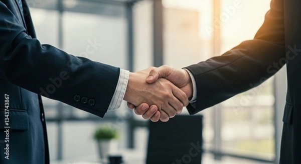Obraz Deal is Sealed: Two business people in formal wear make a deal shaking hands in a modern office setting. The sunlight coming from outside the window making a bright mood for agreement and achievement.