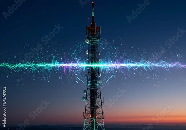 Obraz A futuristic telecommunications tower illuminated by colorful digital waves and nodes, symbolizing seamless data connectivity and advanced communication technology