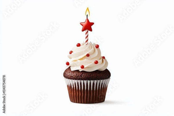Fototapeta Delicious chocolate cupcake topped with creamy frosting, a festive candle, and red sprinkles, perfect for birthday celebrations.