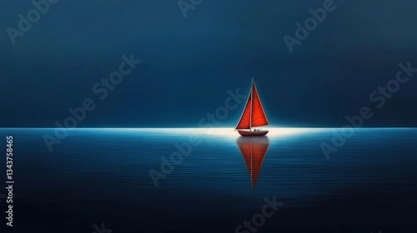 Fototapeta Photograph of a small sailboat with a red sail. the boat is sailing on the calm waters of the ocean, with the horizon visible in the background.