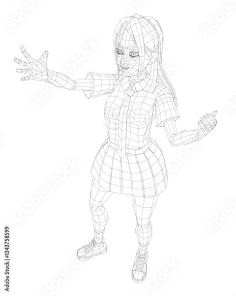 Fototapeta A woman is standing in a white background with her arms outstretched. She is reaching out to someone or something. The image has a sense of loneliness and longing