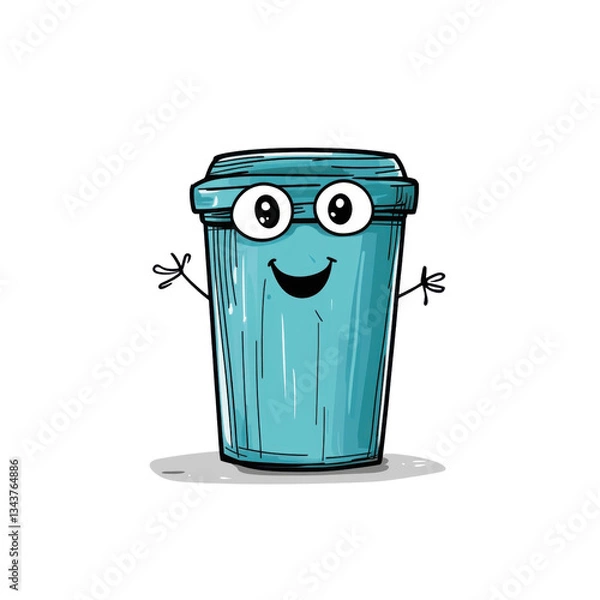 Fototapeta A cheerful cartoon trash can character features big eyes and a smiling mouth, showcasing a friendly personality against a clear backdrop.