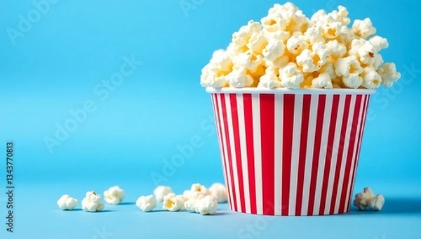 Fototapeta Popcorn in Striped Bucket Against a Blue Background