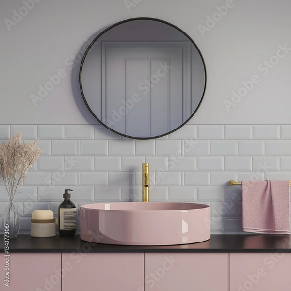 Fototapeta Bright bathroom with round mirror, modern washbasin and faucet and pastel d?cor. Modern bathroom d?cor concept
