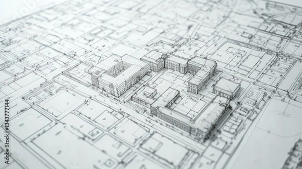 Fototapeta Detailed architectural blueprint showcasing a city layout with buildings, streets, and surrounding areas