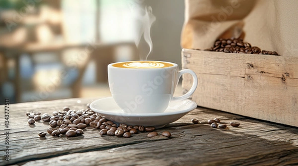 Obraz steaming cup of coffee sits on rustic wooden table, surrounded by coffee beans, evoking warmth and comfort