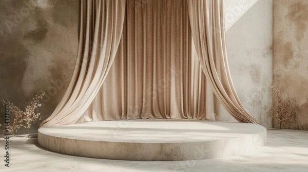Fototapeta Elegant presentation stage with draped curtains and textured wall backdrop