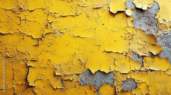 Fototapeta Close-up of weathered yellow paint peeling off a textured surface, revealing layers