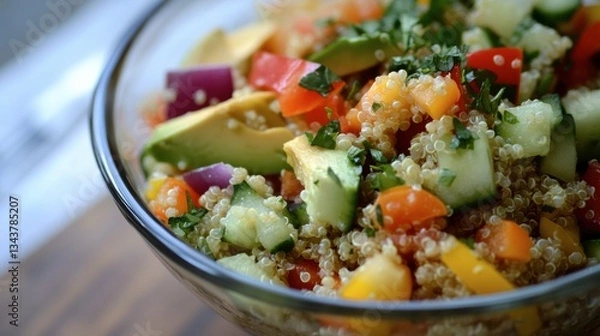 Fototapeta A colorful vegetable and quinoa bowl with avocado, cucumbers, and bell peppers, dressed in a tangy dressing