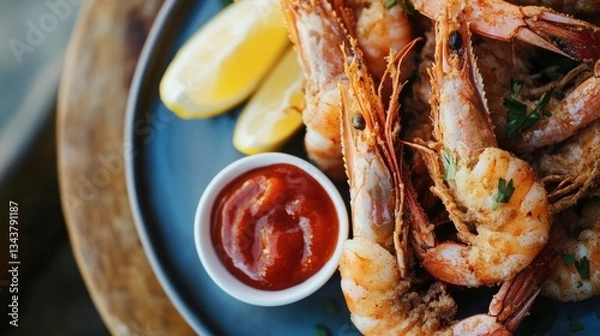 Fototapeta A plate of crispy fried shrimp with a side of cocktail sauce and lemon wedges, styled with a coastal, fresh vibe