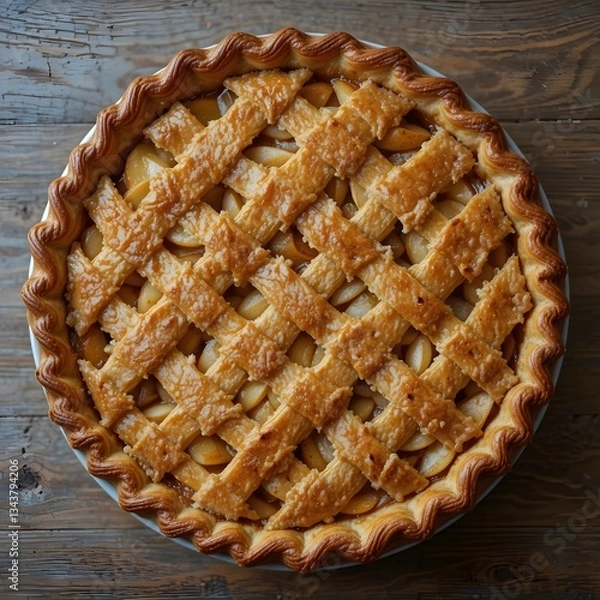 Fototapeta Apple Pie - A golden-brown, lattice-topped pie filled with tender, spiced apple slices, served on a rustic wooden table.