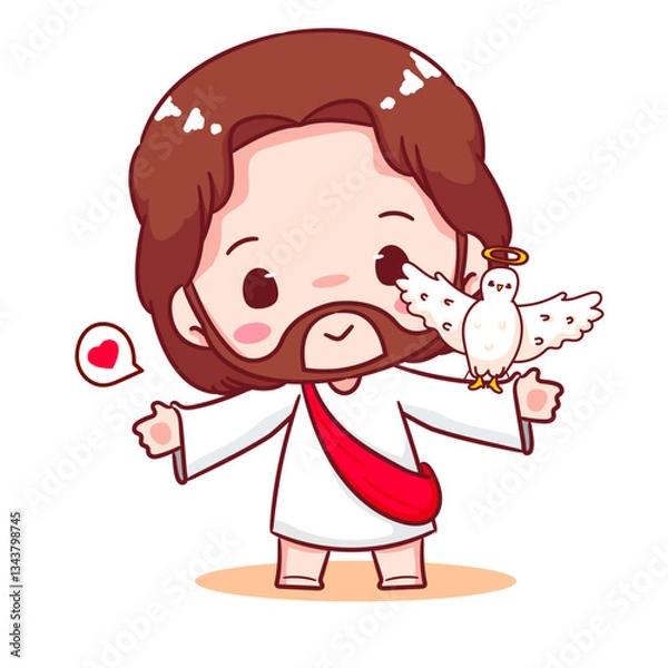Fototapeta Cute Jesus and the dove cartoon character. Christianity concept design. Bible story vector illustration.