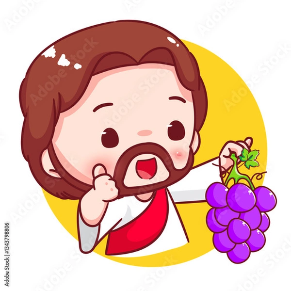 Fototapeta Cute Jesus holding grape fruit cartoon character. Christianity concept design. Bible story vector illustration.