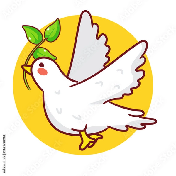 Fototapeta Hand drawn white  flying dove with olive branch.  