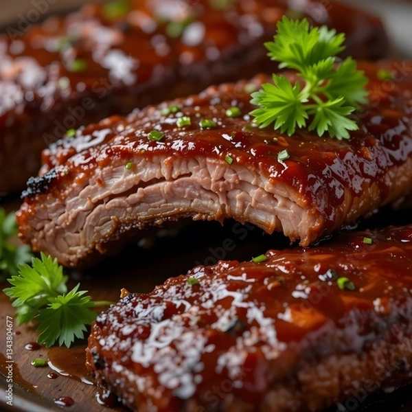 Fototapeta Barbecue Ribs - Succulent, smoky pork ribs glazed with a rich, sticky barbecue sauce and garnished with fresh parsley