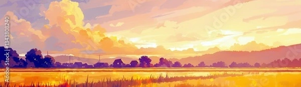 Fototapeta Vibrant Sunset Over Golden Rice Fields with Soft Clouds and Silhouetted Trees in a Scenic Landscape of Tranquil Nature