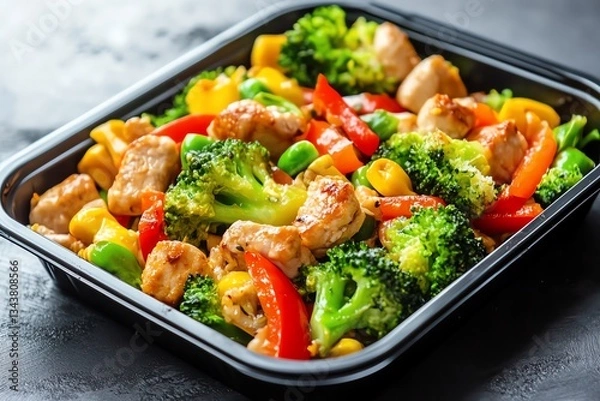 Fototapeta Colorful and nutritious stir-fry with chicken and fresh vegetables in a black container.