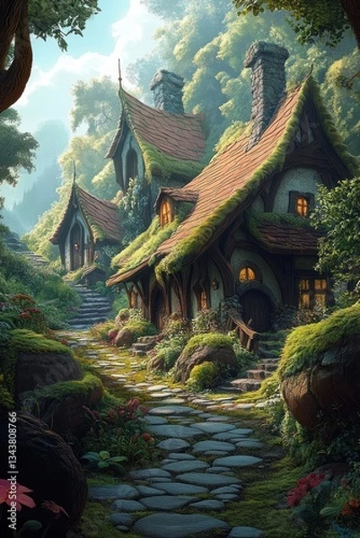 Fototapeta Fantasy Village in Enchanted Forest with Mossy Rooftops and Magical Atmosphere