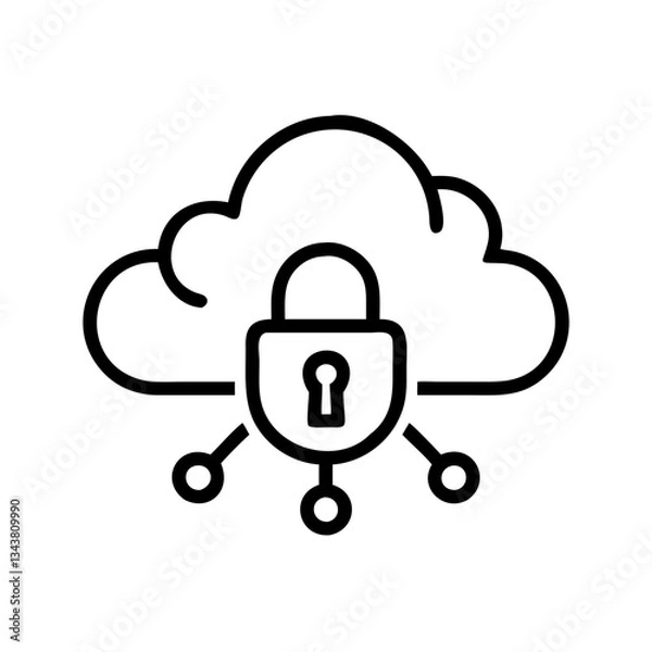 Fototapeta Cloud with padlock, cibersecurity,  thin line vector icon with transparent background