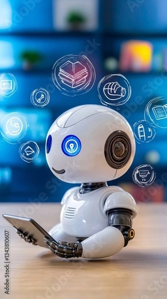 Fototapeta Robot using a tablet with digital icons