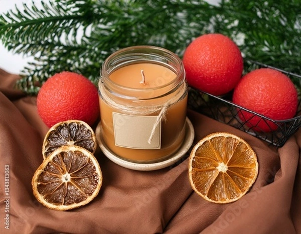Obraz Rustic composition with a candle in a woven basket, a wrapped gift, and decorative yarn balls on a blue background. Perfect for cozy home decor, gift ideas, or holiday concepts.